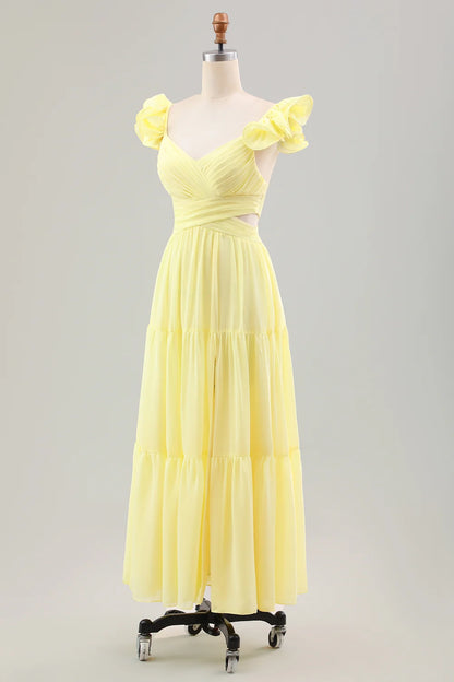 OKBBN's elegant and minimalist A-line pleated chiffon with ruffle edges Bridesmaid Dresses