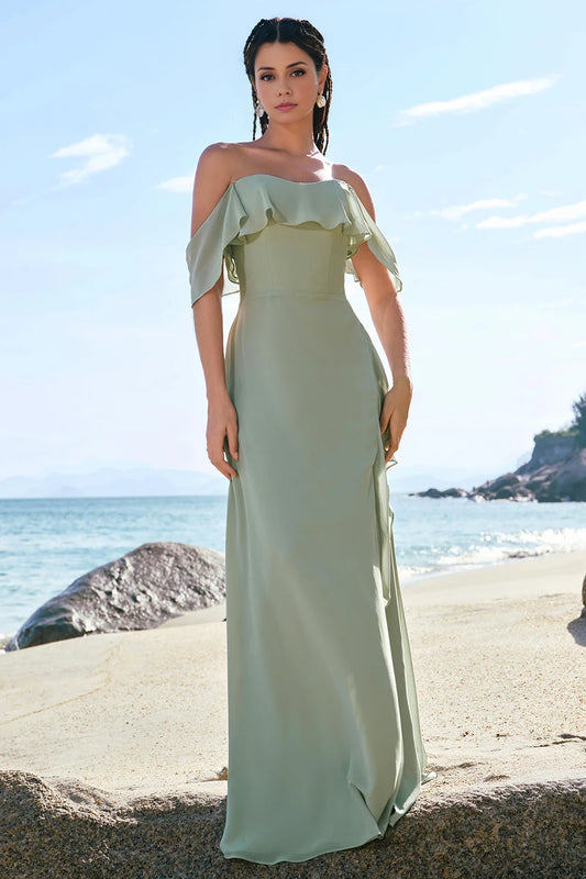 OKBBN's elegant and tight off shoulder chiffon with ruffled edges and split Bridesmaid Dresses