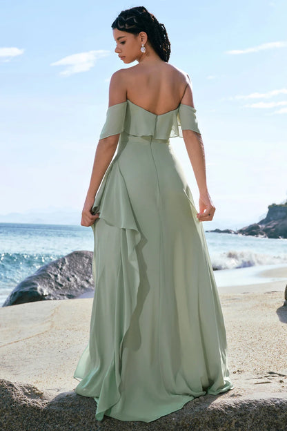OKBBN's elegant and tight off shoulder chiffon with ruffled edges and split Bridesmaid Dresses