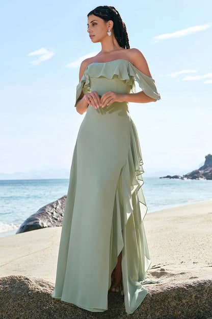 OKBBN's elegant and tight off shoulder chiffon with ruffled edges and split Bridesmaid Dresses