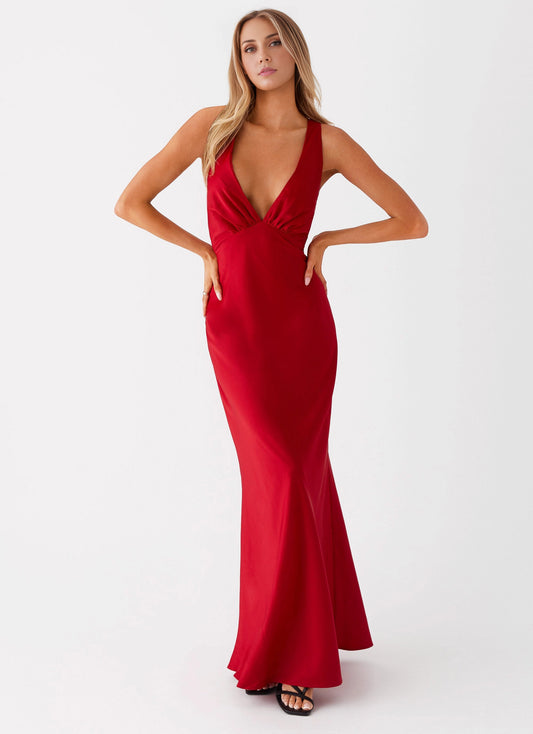 OKBBN's elegant low V-neck shoulder straps with bold back cross lines, smooth silhouette Prom Dresses