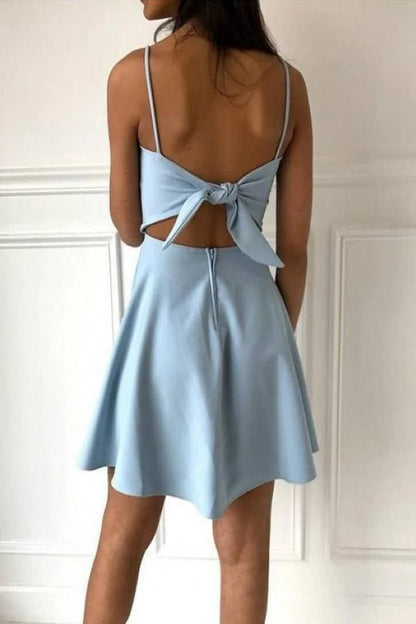 OKBBN's elegant smooth thin shoulder strap A-line silhouette skirt slightly above the knee Homecoming Dresses