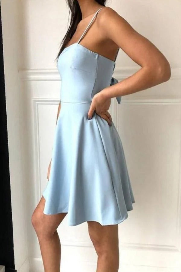 OKBBN's elegant smooth thin shoulder strap A-line silhouette skirt slightly above the knee Homecoming Dresses