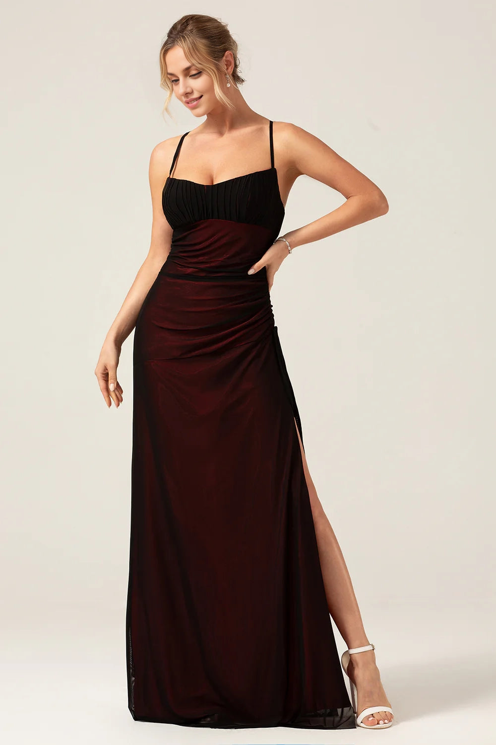 OKBBN's elegant tight fitting slim shoulder strap with slit long Bridesmaid Dresses