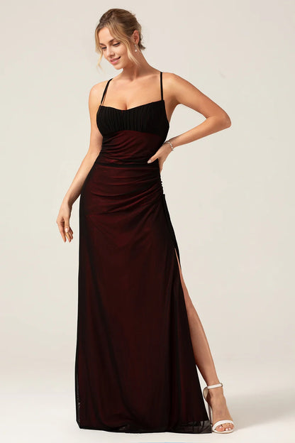 OKBBN's elegant tight fitting slim shoulder strap with slit long Bridesmaid Dresses