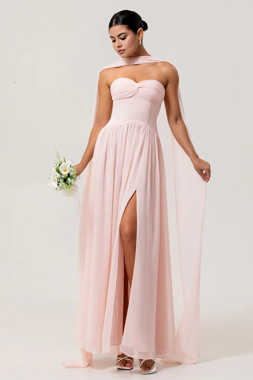 OKBBN's eye-catching A-line off shoulder pleated tight corset chiffon variable long slit Bridesmaid Dresses