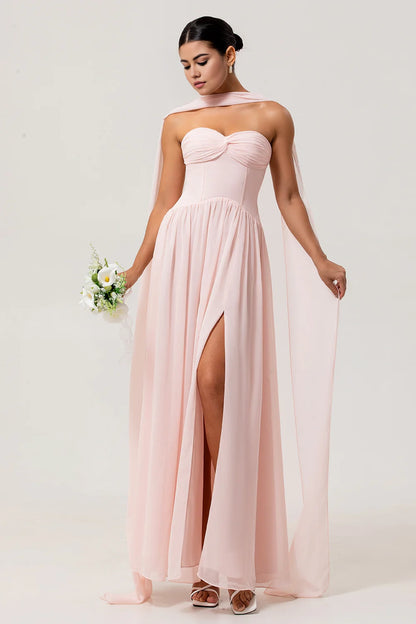 OKBBN's eye-catching A-line off shoulder pleated tight corset chiffon variable long slit Bridesmaid Dresses