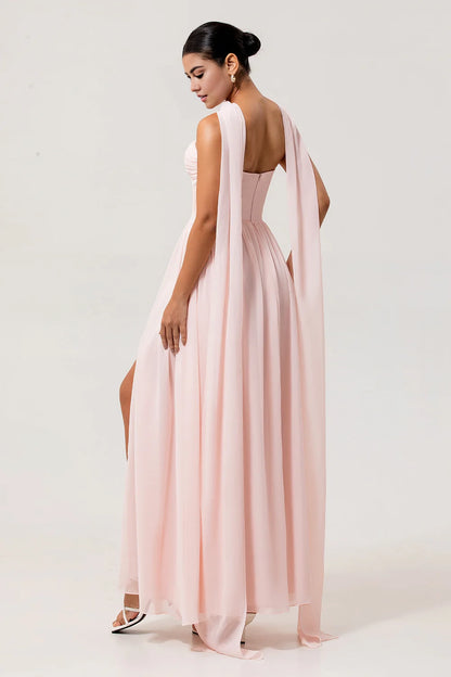 OKBBN's eye-catching A-line off shoulder pleated tight corset chiffon variable long slit Bridesmaid Dresses
