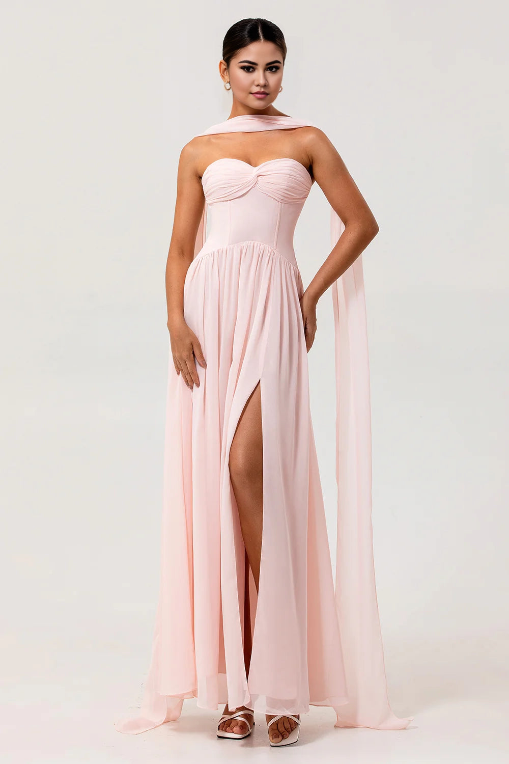 OKBBN's eye-catching A-line off shoulder pleated tight corset chiffon variable long slit Bridesmaid Dresses