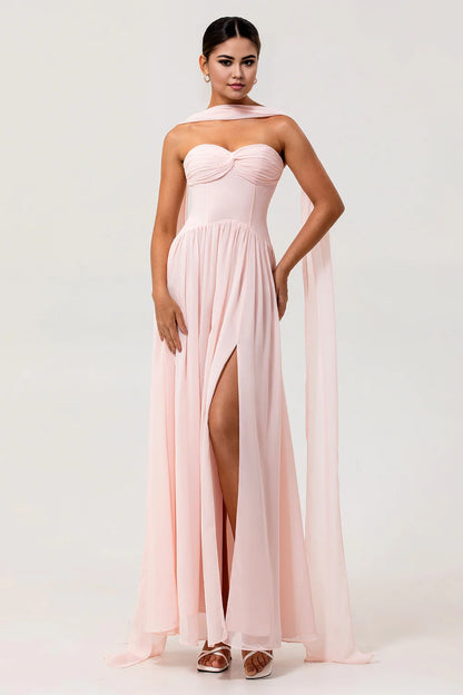 OKBBN's eye-catching A-line off shoulder pleated tight corset chiffon variable long slit Bridesmaid Dresses