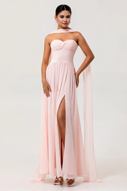 OKBBN's eye-catching A-line off shoulder pleated tight corset chiffon variable long slit Bridesmaid Dresses