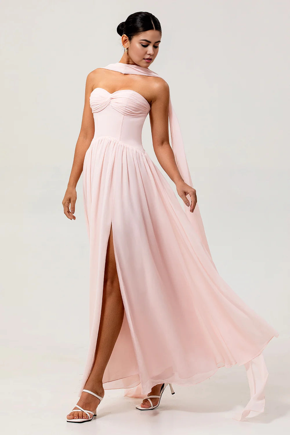 OKBBN's eye-catching A-line off shoulder pleated tight corset chiffon variable long slit Bridesmaid Dresses