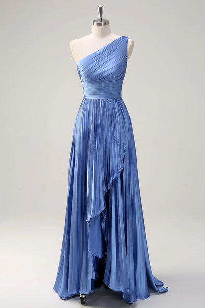 OKBBN's eye-catching A-line single shoulder pleated decoration with high and low slits Bridesmaid Dresses