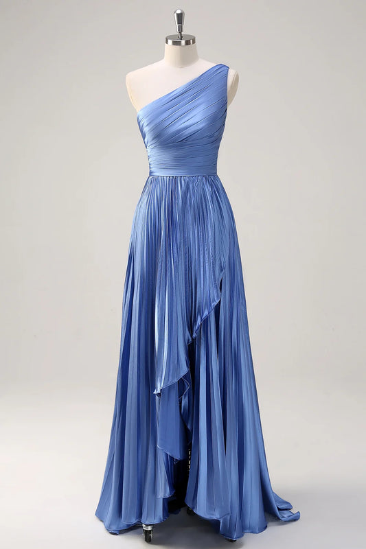 OKBBN's eye-catching A-line single shoulder pleated decoration with high and low slits Bridesmaid Dresses
