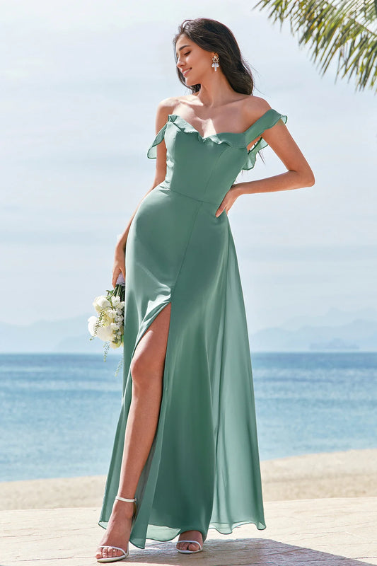 OKBBN's eye-catching A-line square neck backless and floor slit Bridesmaid Dresses
