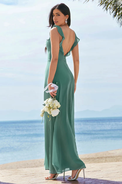 OKBBN's eye-catching A-line square neck backless and floor slit Bridesmaid Dresses