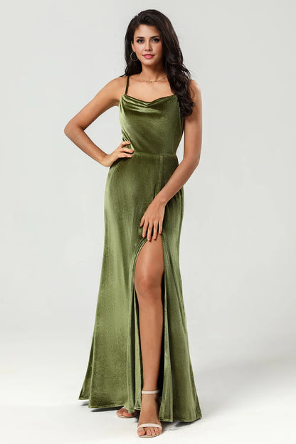 OKBBN's eye-catching A-line thin shoulder strap and velvet floor slit Bridesmaid Dresses