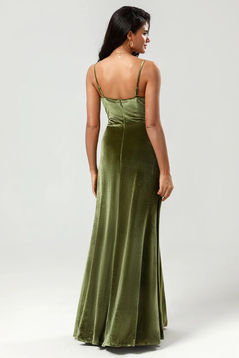 OKBBN's eye-catching A-line thin shoulder strap and velvet floor slit Bridesmaid Dresses