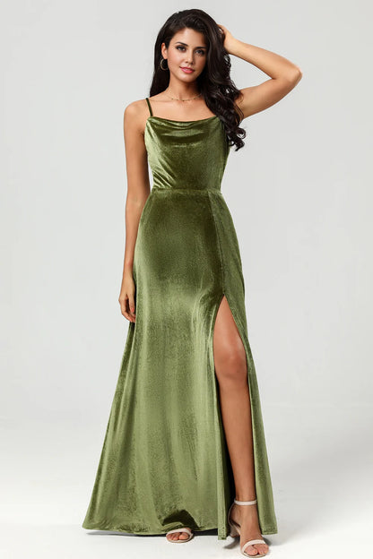 OKBBN's eye-catching A-line thin shoulder strap and velvet floor slit Bridesmaid Dresses