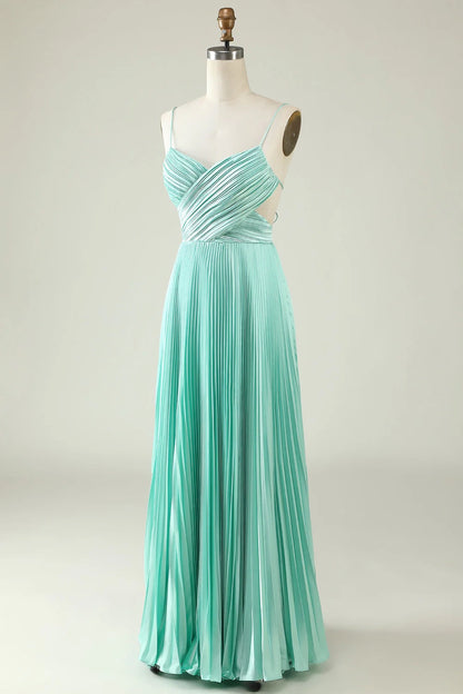 OKBBN's eye-catching A-line thin shoulder strap pleated long Bridesmaid Dresses