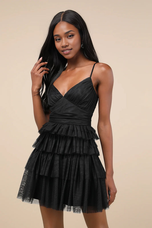 OKBBN's eye-catching chiffon pleated sleeveless layered mini multi-layer transparent chiffon mesh V-neck thin shoulder strap Homecoming Dresses