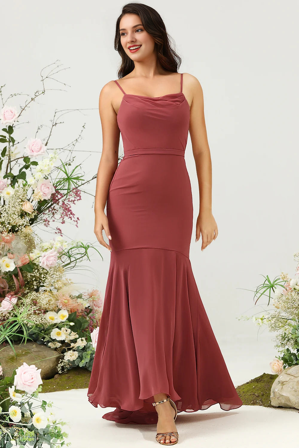 OKBBN's eye-catching slim fit mermaid slim shoulder strap asymmetrical chiffon Bridesmaid Dresses