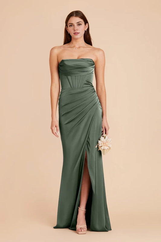 OKBBN's gorgeous and elegant matte satin slit scarf collar with thin shoulder straps, tight corset Prom Dresses