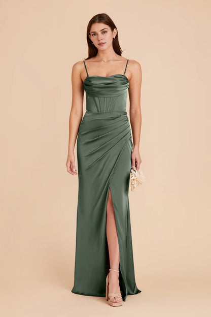 OKBBN's gorgeous and elegant matte satin slit scarf collar with thin shoulder straps, tight corset Prom Dresses