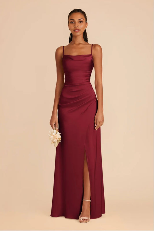 OKBBN's gorgeous thin shoulder strap matte satin scarf with overlapping slits and full lining Prom Dresses