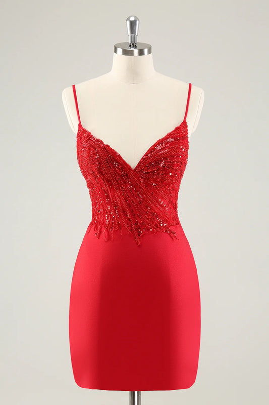 OKBBN's gorgeous tight fitting thin shoulder strap sequin short Homecoming Dresses
