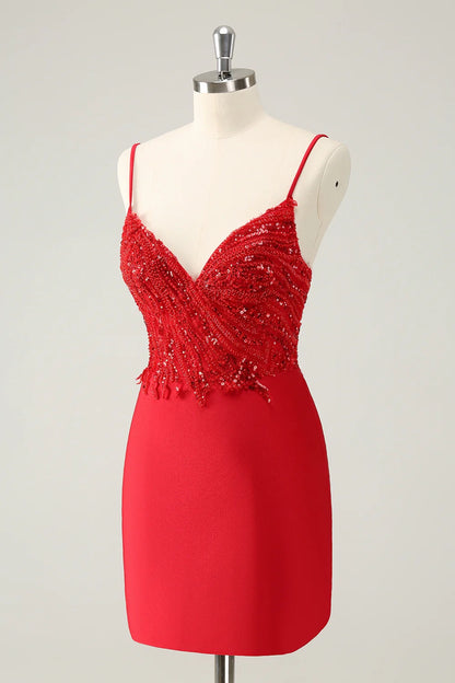 OKBBN's gorgeous tight fitting thin shoulder strap sequin short Homecoming Dresses