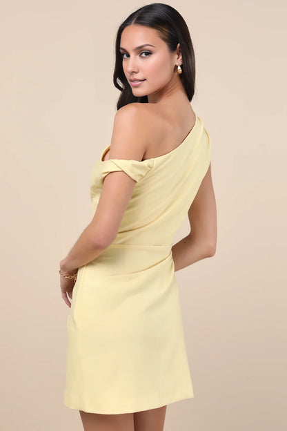 OKBBN's lightweight woven asymmetrical off shoulder collar, twisted pleated cuffs, slim fit A-line Homecoming Dresses
