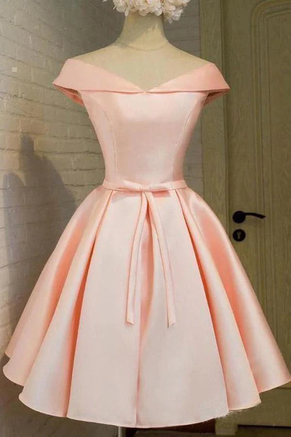 OKBBN's minimalist satin off shoulder waistband Homecoming Dresses