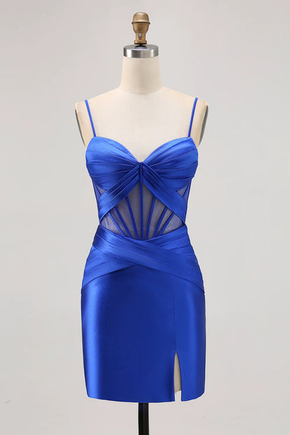 OKBBN's signature tight transparent waistband pleated slit Homecoming Dresses