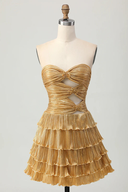 OKBBN's striking layered hollow pleats A-line off shoulder Homecoming Dresses