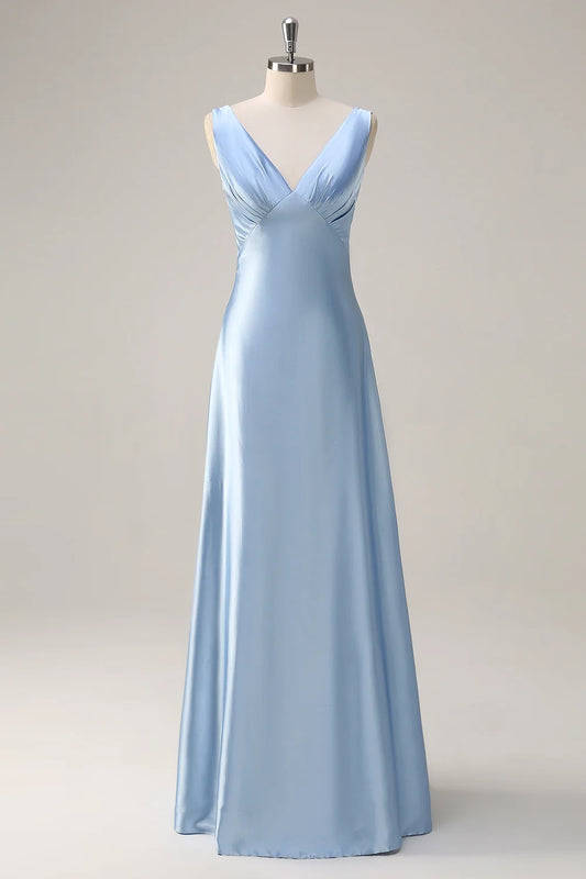 OKBBN's stunning A-line V-neck pleated long Bridesmaid Dresses