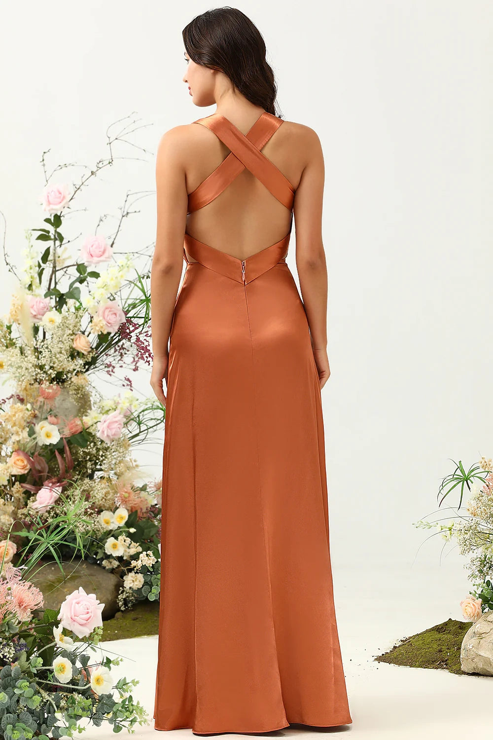 OKBBN's stunning A-line V-neck shiny satin backless Bridesmaid Dresses