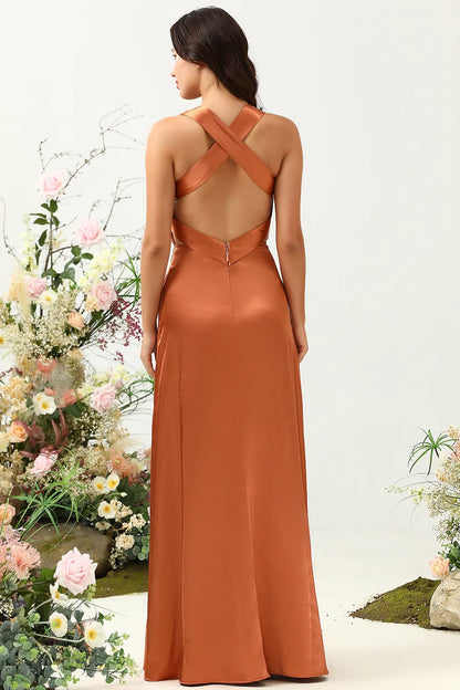 OKBBN's stunning A-line V-neck shiny satin backless Bridesmaid Dresses