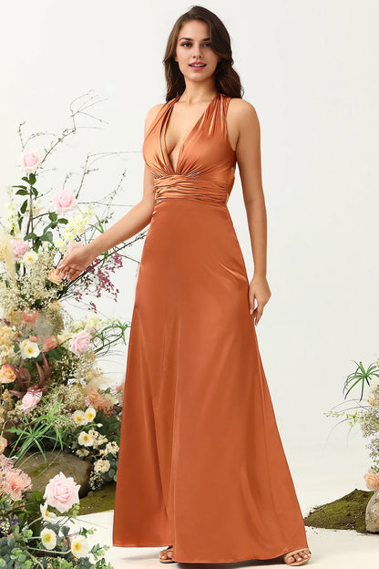 OKBBN's stunning A-line V-neck shiny satin backless Bridesmaid Dresses