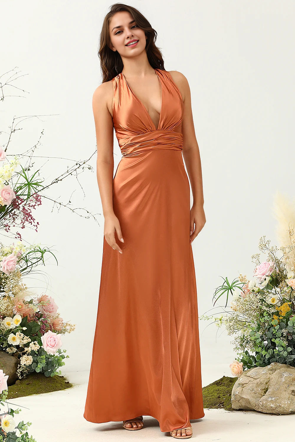 OKBBN's stunning A-line V-neck shiny satin backless Bridesmaid Dresses