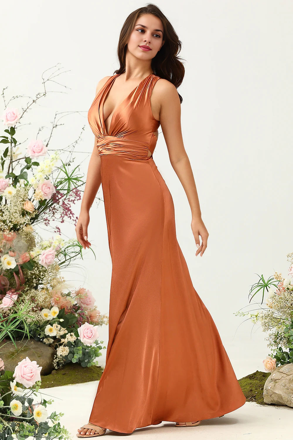 OKBBN's stunning A-line V-neck shiny satin backless Bridesmaid Dresses