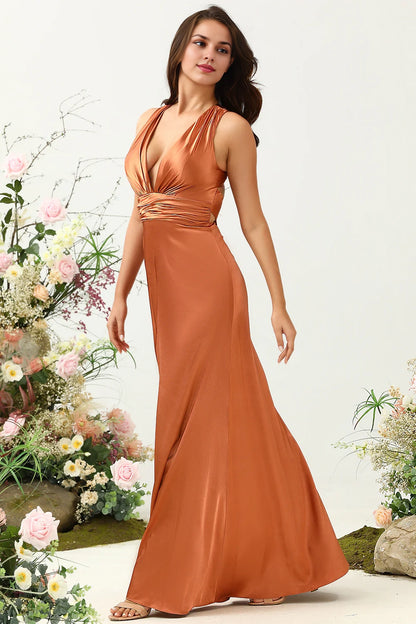 OKBBN's stunning A-line V-neck shiny satin backless Bridesmaid Dresses