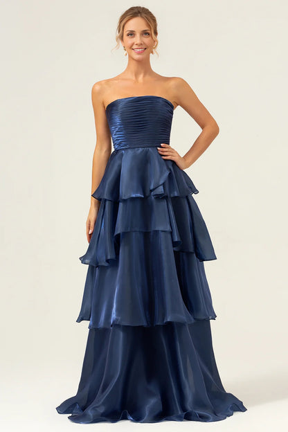 OKBBN's stunning A-line off shoulder layered pleat decoration with ruffled edges Bridesmaid Dresses