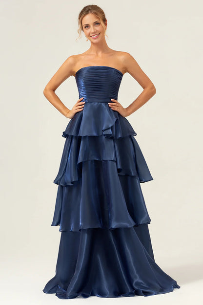 OKBBN's stunning A-line off shoulder layered pleat decoration with ruffled edges Bridesmaid Dresses