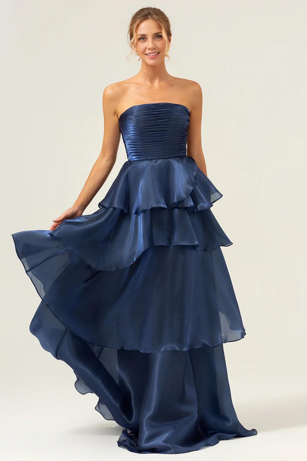 OKBBN's stunning A-line off shoulder layered pleat decoration with ruffled edges Bridesmaid Dresses