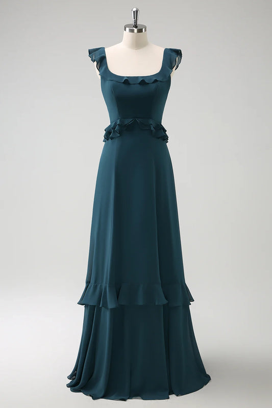 OKBBN's stunning A-line square neck chiffon long pleated Bridesmaid Dresses