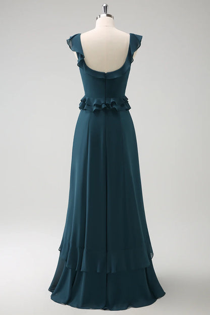 OKBBN's stunning A-line square neck chiffon long pleated Bridesmaid Dresses