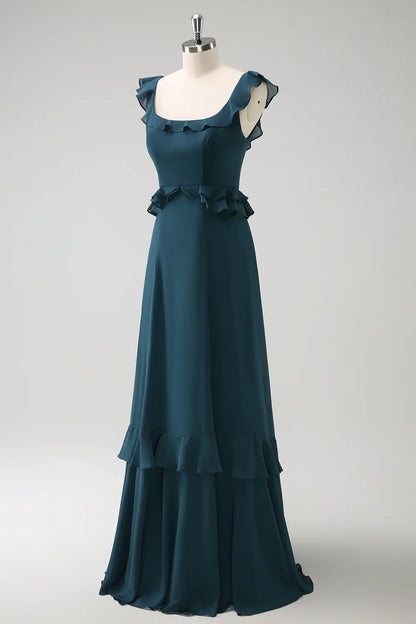 OKBBN's stunning A-line square neck chiffon long pleated Bridesmaid Dresses
