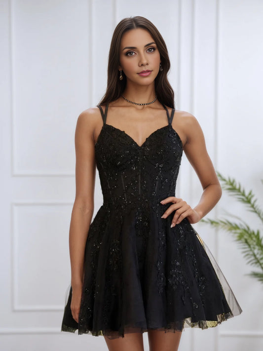 OKBBN's stunning A-shaped thin shoulder strap decal short Homecoming Dresses
