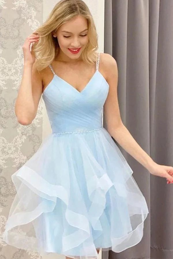 OKBBN's stunning and dignified short V-neck chiffon thin shoulder strap Homecoming Dresses